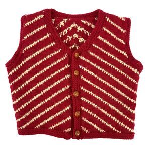 Child's Crocheted Red Cream Faux Leather Buttons Vest Medium Preppy Christmas